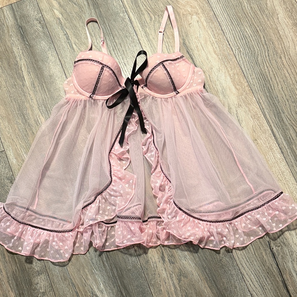 Victoria's Secret Pink Sheer Babydoll with Black Ribbon Tie
